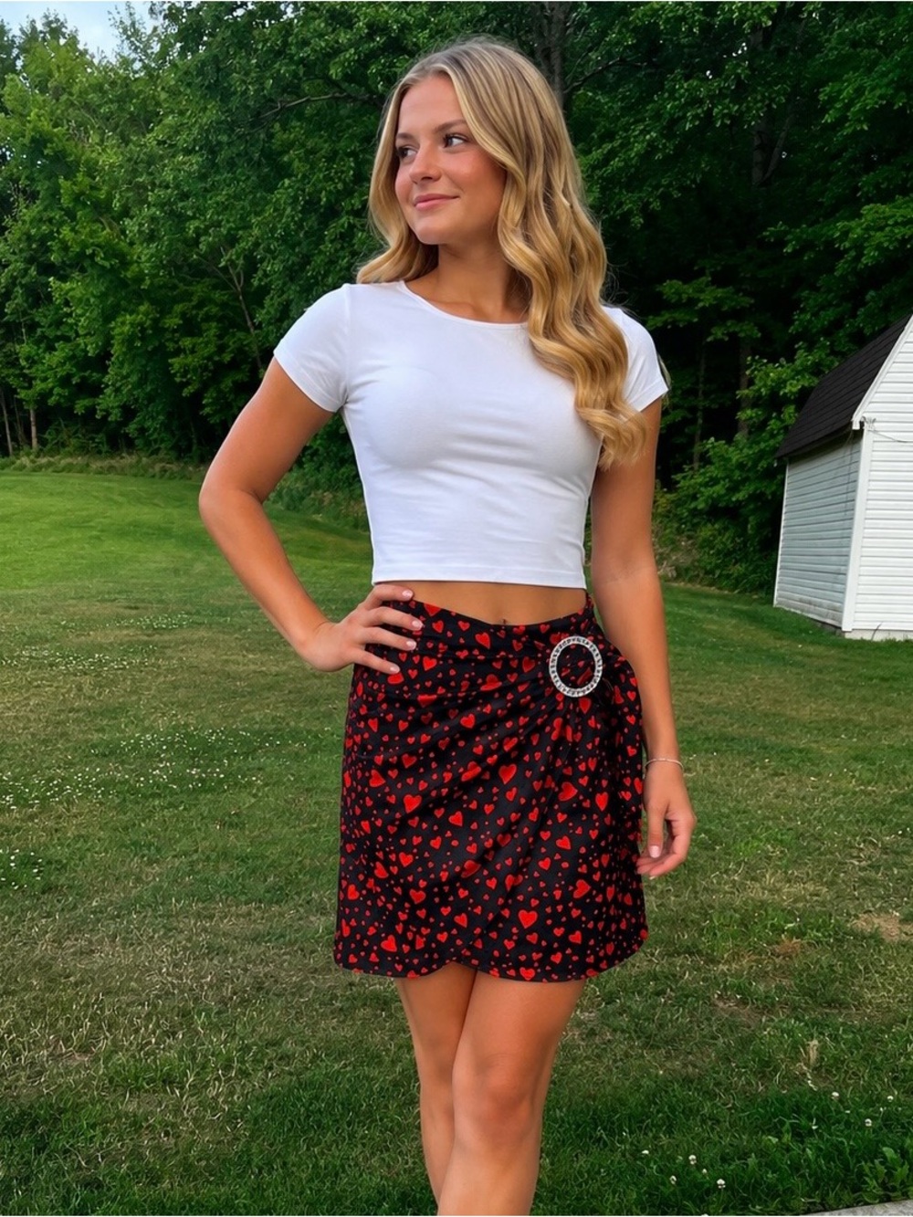 Forever 21 Black Mini Skirt with Red Heart Print and Rhinestone Buckle